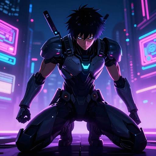 Cyberpunk anime-style illustration of a muscular male warrior with spiky black hair, neon-lit futuristic armor, and a sword sheathed on his