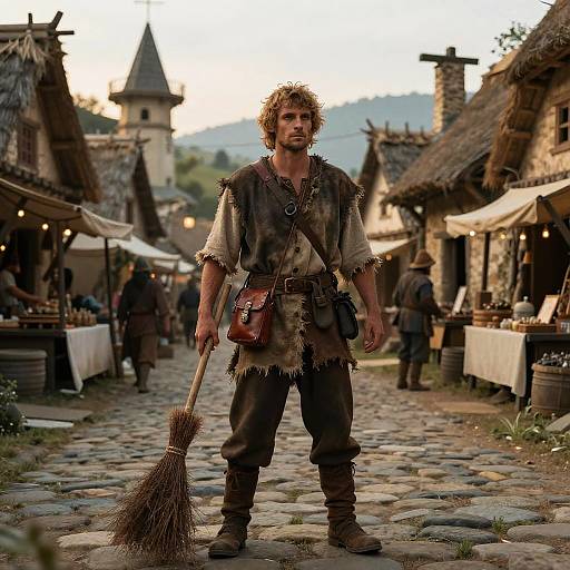 Medieval village scene: bearded man with curly hair, wearing rustic brown tunic and pants, leather pouch, holding broom, standing on cob