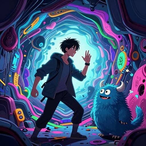 Digital illustration: Neon-lit tunnel with swirling, colorful patterns. A black-haired man in a dark jacket and jeans faces a blue, horned,