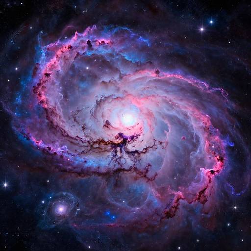 Photograph of a vibrant, swirling nebula with bright pink, blue, and purple gas clouds, illuminated by a bright central star, set against a