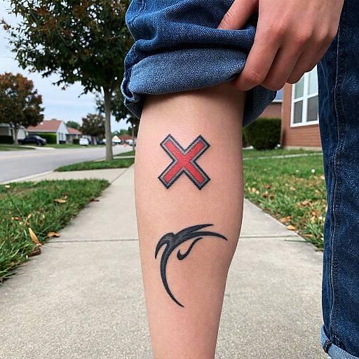 Lower leg tattoos with tribal design and red X