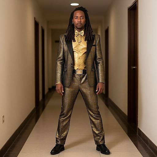 Photograph of a Black man with dreadlocks, wearing a gold checkered suit, gold shirt, and black shoes, standing in a dimly lit