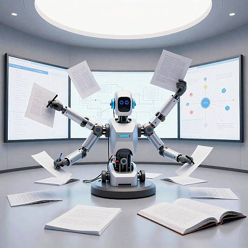 Photograph of a robotic arm holding multiple sheets of paper in a brightly lit, modern laboratory with curved screens and an open book on the floor.