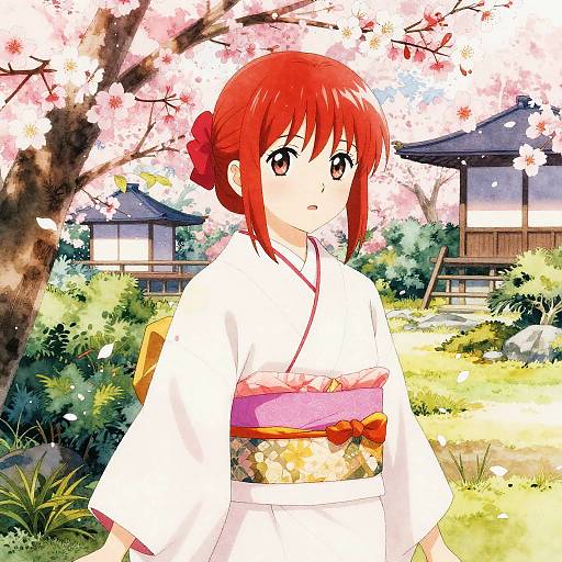 Anime Girl in Kimono with Cherry Blossoms