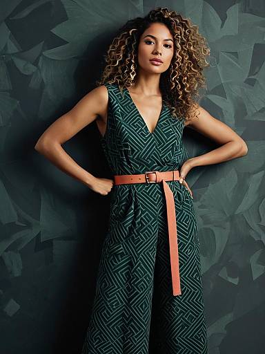 Woman in Green Geometric Jumpsuit with Coral Belt