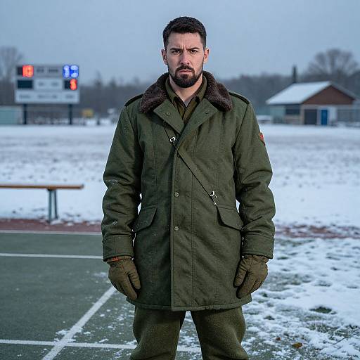 Photograph of a serious bearded man in a green military-style coat and gloves standing in a snow-covered parking lot.