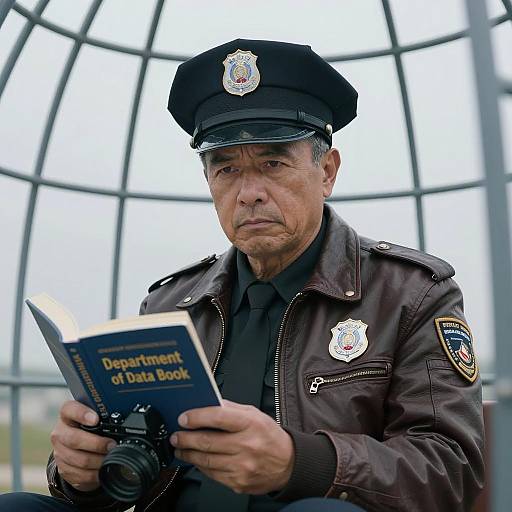 Serious Policeman in Wire-Frame Structure