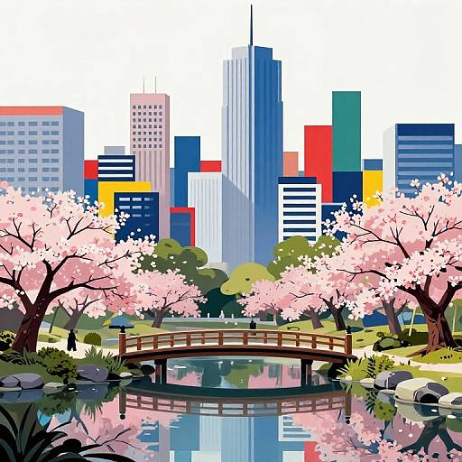 Digital illustration of a cityscape with vibrant skyscrapers, pink cherry blossom trees, and a wooden bridge over a reflective pond.