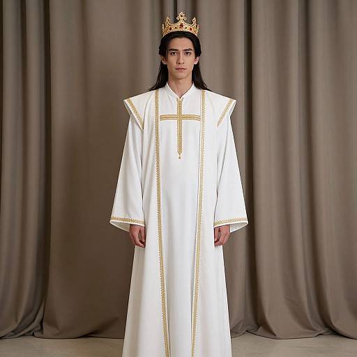 Photograph of a solemn woman with long black hair, wearing a white ornate robe and gold crown, standing against draped brown curtains.