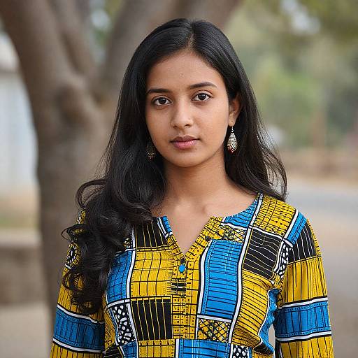 Photograph of a young South Asian woman with long black hair, wearing a colorful geometric-patterned blouse, standing outdoors with trees in the background.