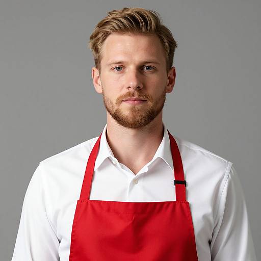 Photograph of a bearded, light-skinned man with blond hair, wearing a white shirt and bright red apron, against a plain gray background
