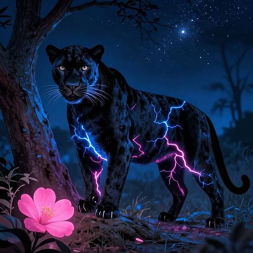 Glowing Black Panther in Night Tree