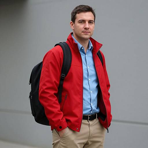 Man in Red Jacket with Backpack