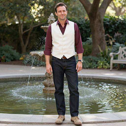 Photograph of a man with short dark hair, wearing a white vest, maroon shirt, black pants, and beige boots, standing by a garden