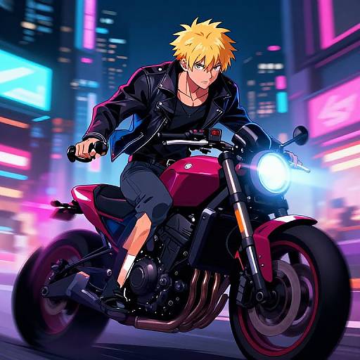 Anime-style drawing of a blonde, muscular man in a black leather jacket riding a red motorcycle through a vibrant, neon-lit cityscape at night.
