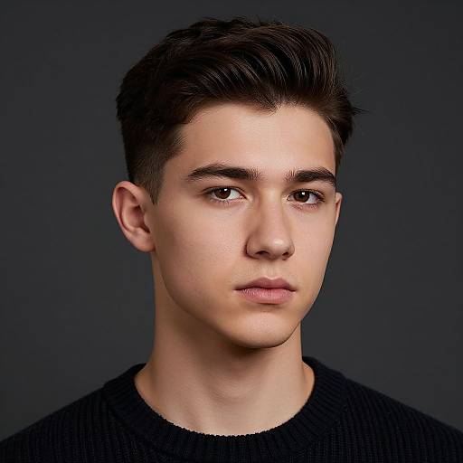 Photorealistic portrait of a young Caucasian man with fair skin, dark brown hair, brown eyes, and black sweater, against a dark blue background.