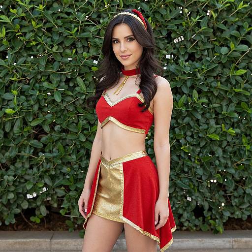 Photograph of a young woman with long black hair, wearing a red and gold Santa-themed crop top and mini skirt, standing in front of a dense