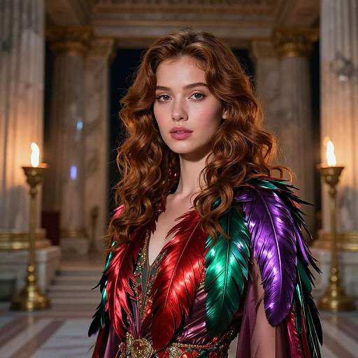 Photorealistic digital portrait of a fair-skinned, brown-haired woman with wavy hair, wearing a vivid, feathered, multicolored top