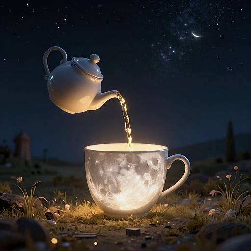 Photorealistic CGI: glowing white teacup on dark night, illuminated by tea pouring from silver teapot, starry sky with crescent moon