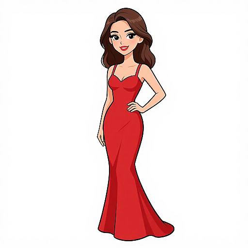 Cartoon-style illustration of a smiling woman with brown hair, wearing a sleek, red, form-fitting evening gown, standing against a white background.