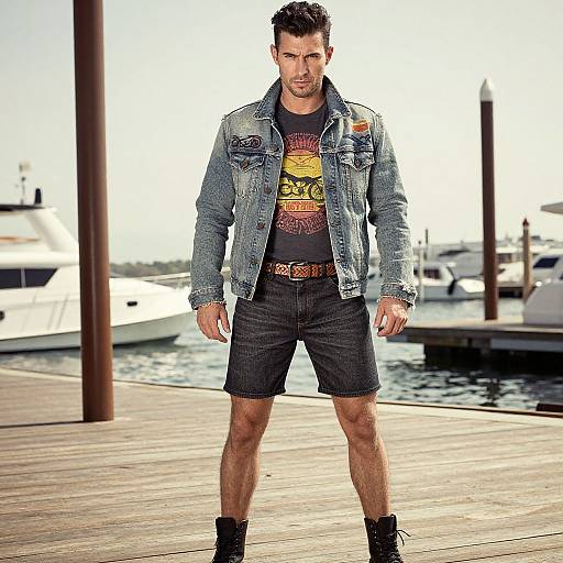 Photograph of a muscular, short-haired man in a denim jacket, graphic tee, black shorts, and boots, standing on a sunlit marina
