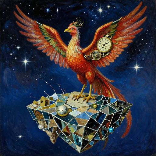 Fantasy illustration of a vibrant red phoenix with clock on wing, standing on a mirrored geometric island in a starry night sky.