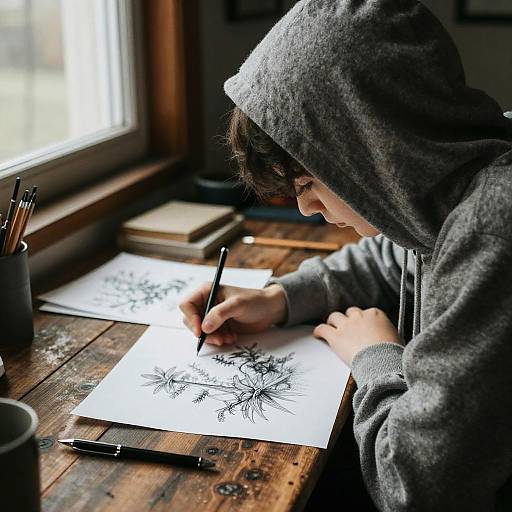 Photograph of a young person in a gray hoodie, drawing black ink flowers on white paper at a wooden table by a window.