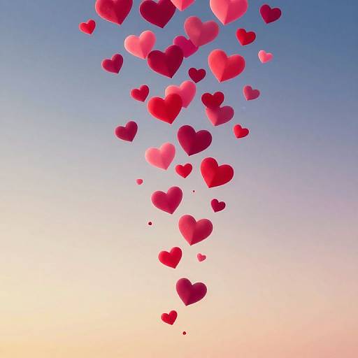 Digital illustration of red and pink hearts floating upwards against a gradient blue to pink sky, creating a whimsical, romantic effect.