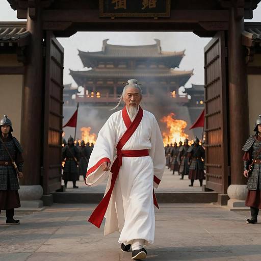 Elderly Man in Traditional Robe Amid Ancient Battle Scene