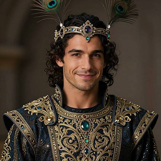 Photograph of a smiling Middle Eastern man with curly black hair, wearing an ornate peacock feathered crown and intricate gold-embroidered black