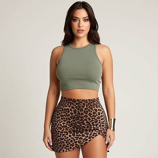 Photograph of a young woman with long black hair, wearing a green crop top and leopard-print mini skirt, standing against a white background. She has
