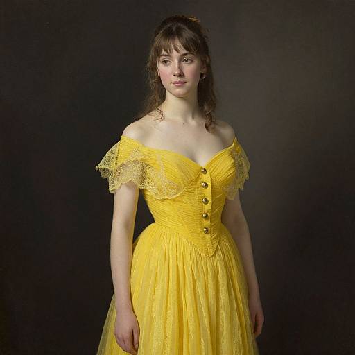 Photograph of a fair-skinned woman with brown hair in an off-shoulder, yellow, lace-trimmed dress with buttons, standing against