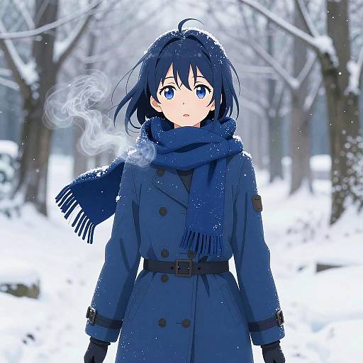 Digital anime-style drawing of a blue-haired girl with blue eyes, wearing a blue coat and scarf, standing in a snowy forest. Breath visible in the
