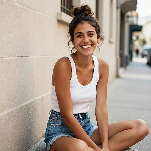 Photograph of a smiling young woman with dark hair in a bun, wearing a white tank top and denim shorts, sitting against a beige wall in a