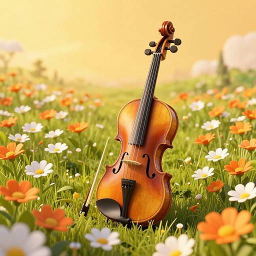 Photograph of a wooden violin standing upright in a grassy field filled with orange and white flowers, under a bright orange sunset sky.