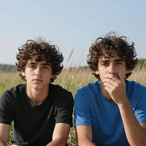 Two young men with curly hair in field