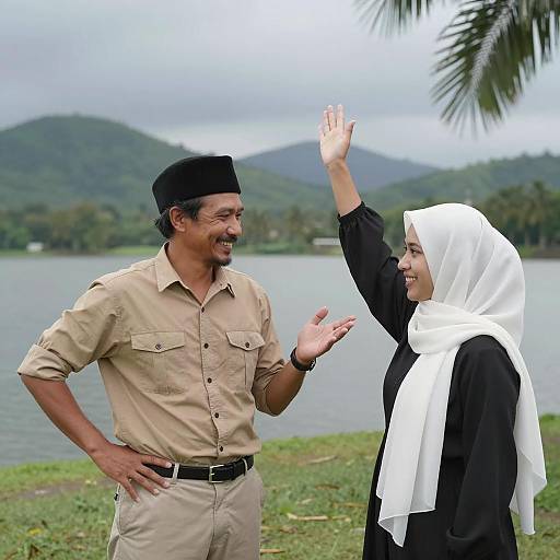 Joyful Couple by the Lakeside