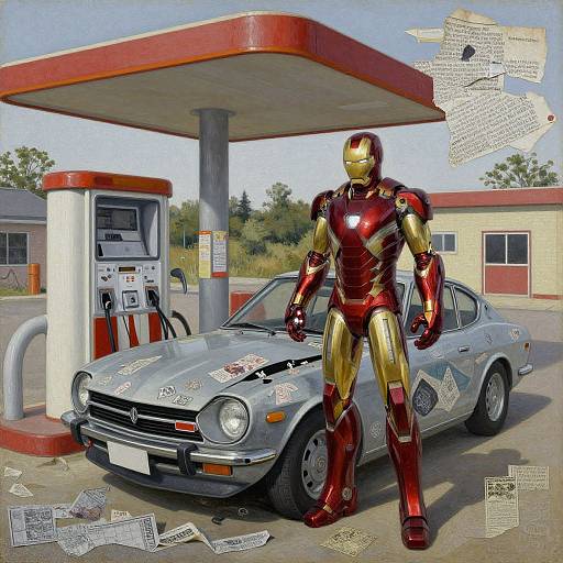Photograph of a red and gold Iron Man suit standing beside a gray vintage car, covered in stickers, at a red-and-white gas station with scattered