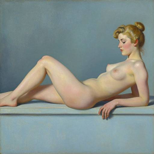 Photorealistic oil painting of a nude, fair-skinned woman with blonde hair, small breasts, and delicate features, reclining on a blue platform