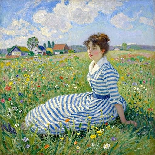 Impressionist-style painting of a fair-skinned woman with brown hair in a blue and white striped dress, seated in a vibrant, flower-filled me