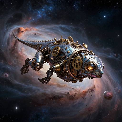 Digital artwork of a steampunk, metallic, gear-driven lizard spaceship flying through a colorful, cosmic galaxy with swirling clouds and planets.