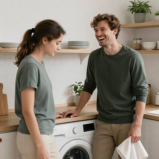 Couple Laughing in Kitchen Near Washing Machine
