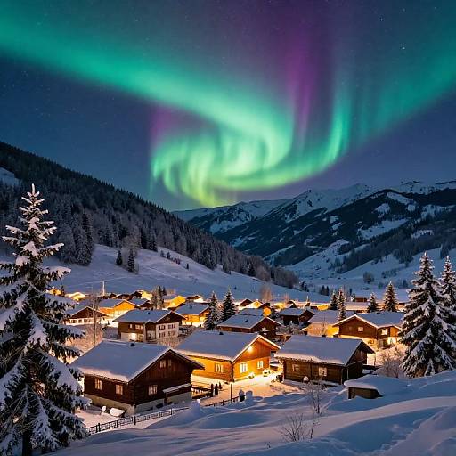 Snowy Mountain Village with Northern Lights