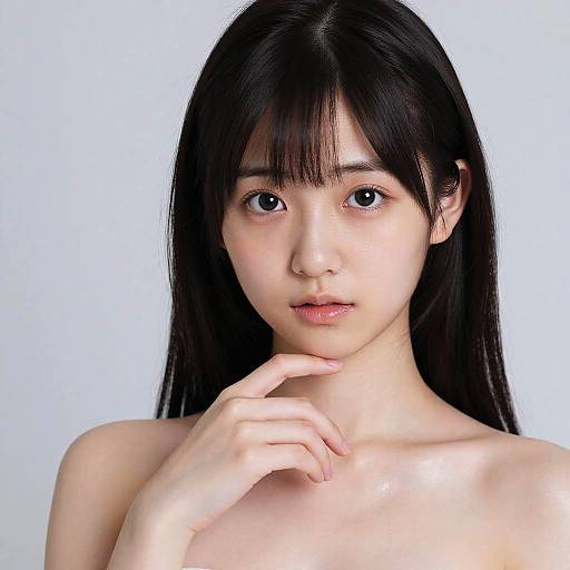 Photograph of a young Asian woman with long black hair, fair skin, and large dark eyes, topless, with a gentle expression, and her