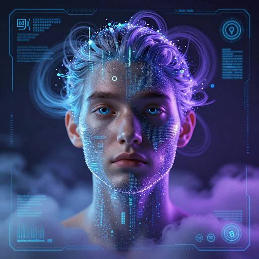Digital art of a young male with glowing blue and purple hair, cybernetic face scan overlay, surrounded by mist, futuristic tech interface.