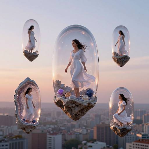 Photograph of five ethereal women in white dresses, suspended in transparent bubbles above a cityscape at sunset, floating on rocky platforms.