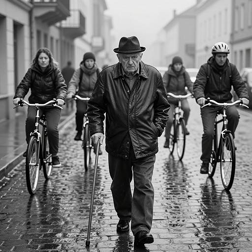 Elderly Man on a Rainy Cobblestone Street