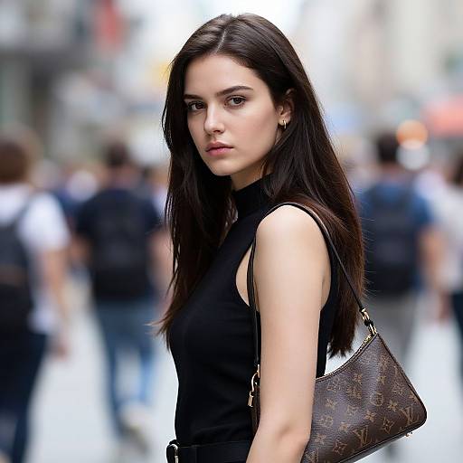Photograph of a young woman with long dark hair, wearing a sleeveless black top and carrying a Louis Vuitton handbag, standing in a