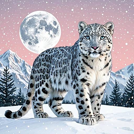 Kawaii Snow Leopard with Full Moon in Pastel Landscape