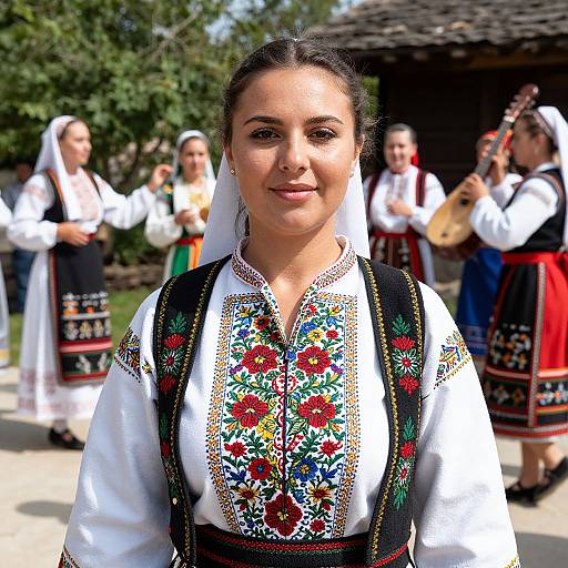 Photograph of a smiling young woman in traditional Eastern European folk attire with vibrant floral embroidery, standing in front of a wooden house and musicians playing in the